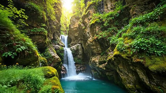 A serene waterfall cascades down a moss-covered cliff into a tranquil pool of turquoise water nestled within a lush forest