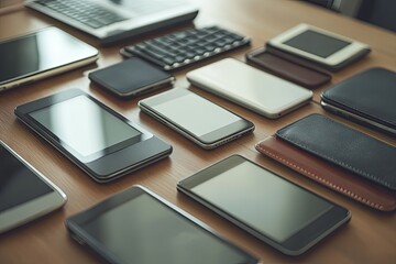 Assorted digital devices on a light-brown wooden table.  Many different models of tablets, phones, and a laptop keyboard,  all arranged