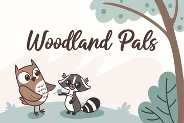 Whimsical doodle style owl and animal friends playing