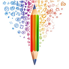 Cartoon pencil with rainbow gradient floating doodle style isolated on transparent background