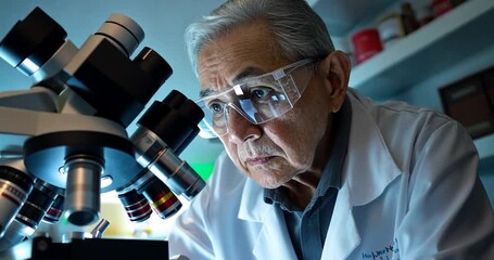 Close-up view of a senior scientist wearing safety glasses, intently looking through a microscope in a laboratory setting. Cool blue lighting - Powered by Adobe