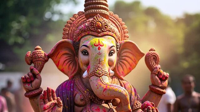 A vibrant statue of Lord Ganesha, adorned with intricate jewelry and colorful powders, stands prominently in the foreground