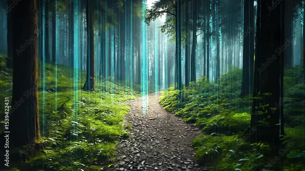 Poster serene forest pathway illuminated by digital light, with lush greenery and soft sunlight filtering t