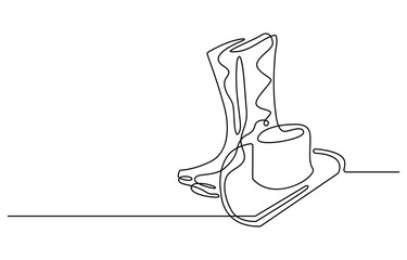 continuous line cowboy hat and boots, One continuous single drawing line art flat doodle boot, shoe, cowboy, leather, western, fashion, cossack, foot, ranch. Isolated image hand draw contour.