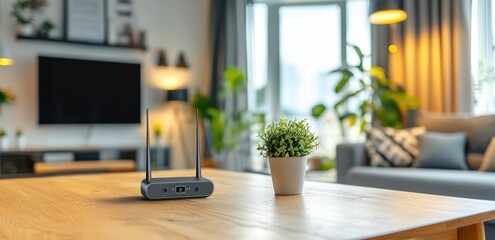 Gray wireless router on a light wooden table in a modern living room