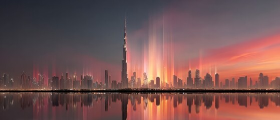 Fototapeta premium Stunning Dubai Skyline Sunset Cityscape Modern Architecture Reflections