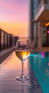Wine glass on rooftop pool edge at sunset