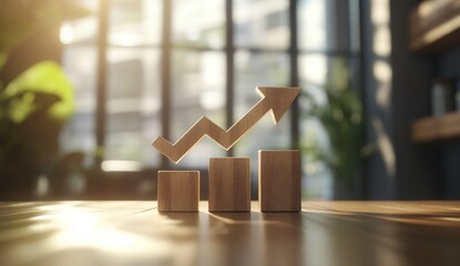 Wooden upward trend graph on a table, sunlit room in background
