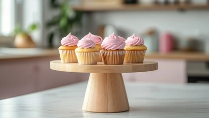 A wooden cake stand holding several cupcakes with pink frosting.  Blurred kitchen background