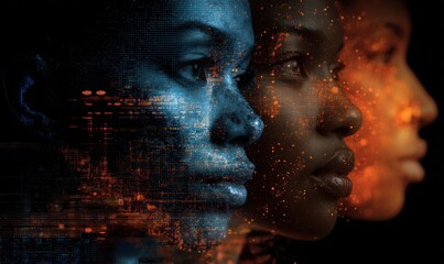 Three faces, digitally enhanced with abstract patterns