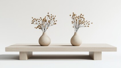 Two light beige vases with dried seed-like plants sit on a light wood platform against a white background