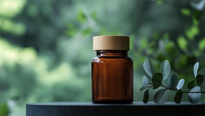 Amber glass bottle with wooden cap on dark surface, nature bokeh background