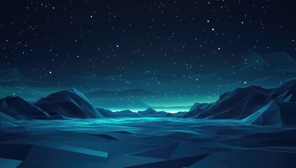 Low-poly landscape at night, teal hues, starry sky