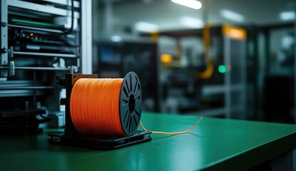 Orange filament spool on a work surface in a manufacturing environment