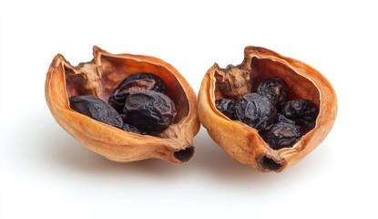 Two dried seed pods, light orange-brown, open to reveal dark seeds inside