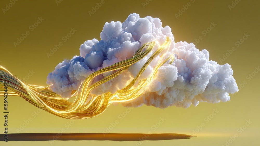 Poster golden data stream connecting cloud abstract technology concept