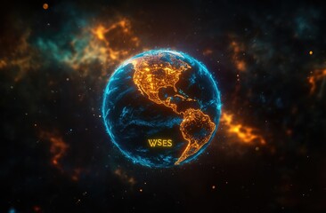 Earth globe, glowing with neon blue and orange, in space