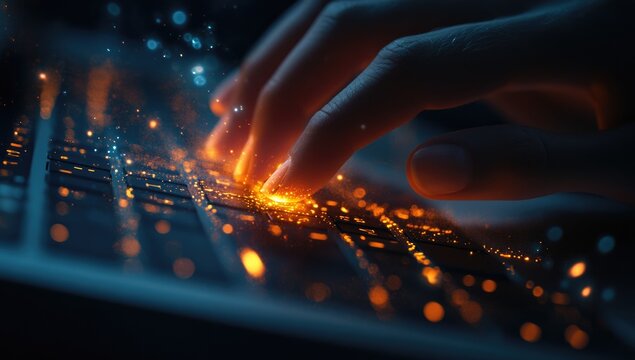 Close-up of a hand typing on a glowing keyboard, sparks and light effects around the keys