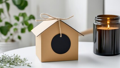A small, light beige paper house, decorated with a black tag and twine, sits beside a dark brown candle jar on a white table