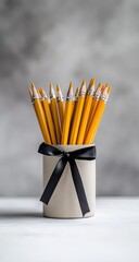 Yellow pencils in a cream-colored holder with a black ribbon