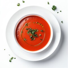 Red soup in white bowl, garnished with parsley