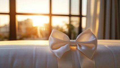 Soft white bow on a bed, sunlit window view