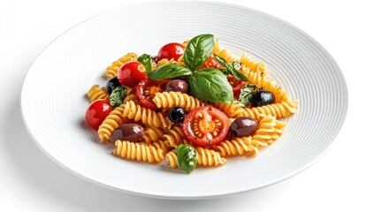 Plate of pasta with colorful vegetables and herbs