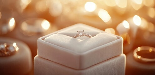 Diamond engagement ring in a cream-colored box, bathed in warm light
