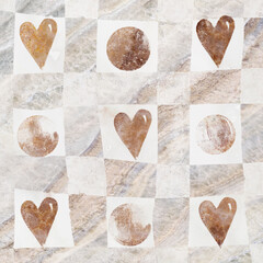 Geometric pattern texture with grunge stone hearts. Stylish floor wall tile heart