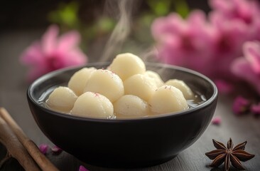 Steamed, white, round dumplings in dark bowl, with steam rising