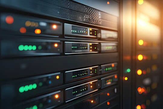 Close-up server rack with glowing lights