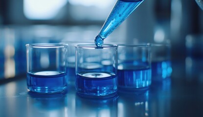 Blue liquid being dispensed into small glass beakers in a lab