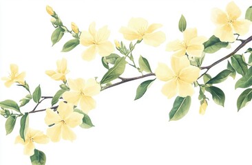 Delicate yellow flowers bloom on a branch, lush greenery
