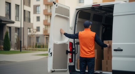 Delivery service man unloading boxes from van for shipping logistics and distribution in the city area