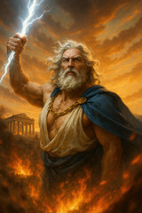 Obraz premium Zeus Holding a Lightning Bolt with the Ancient City of Athens in the Background, Radiating Divine Power in a Classical Mythological Scene