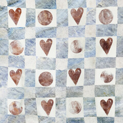 Geometric pattern texture with grunge stone hearts. Stylish floor wall tile heart