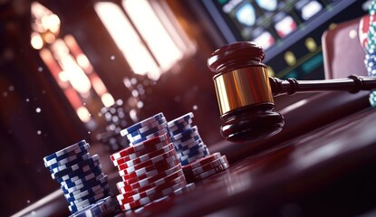 Judge's gavel over poker chips. Casino interior