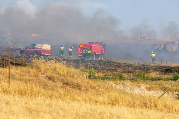 Wildland firefighters with a pump truck and light vehicle working through smoke to extinguish a...