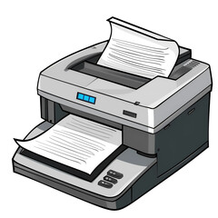 Cartoon printer ejecting paper in silver and black office style isolated on transparent background