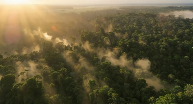 Aerial view of amazon rainforest at sunrise with fog and mist creating a scenic landscape image