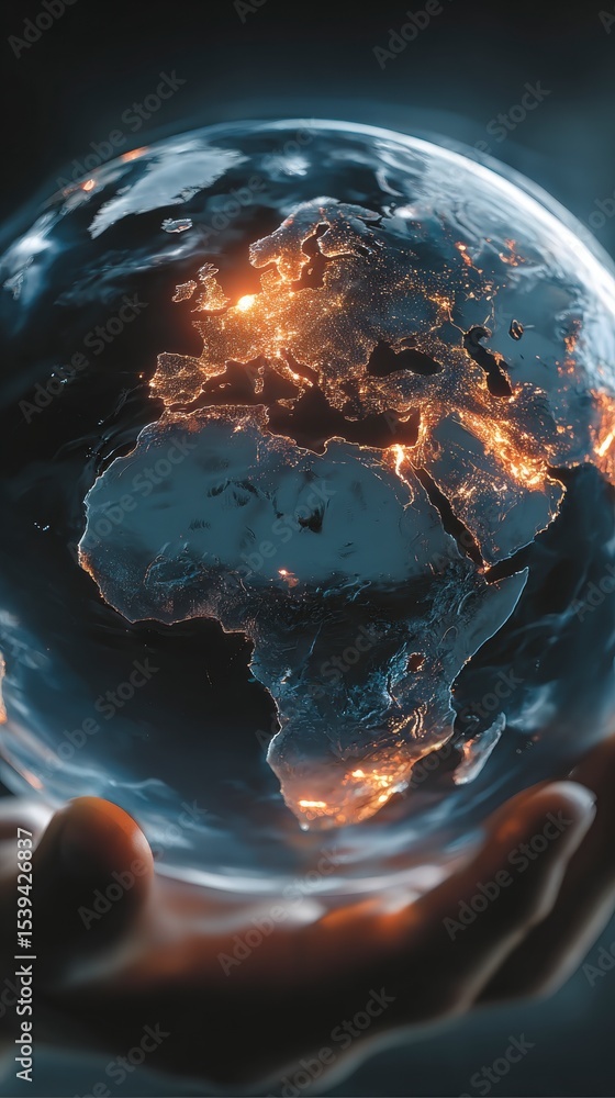 Poster global network connection illuminated earth in hand