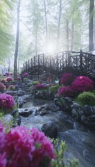 Misty garden with vibrant flowers and bridge