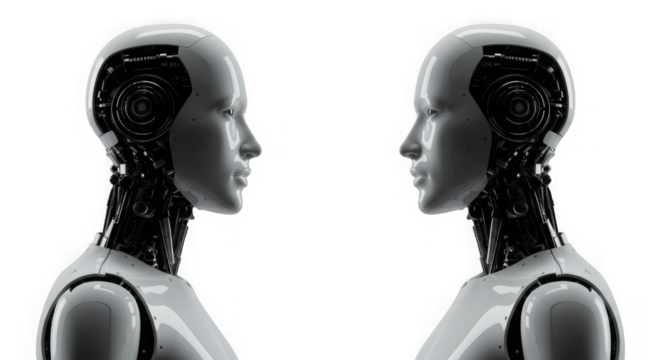 Two humanoid robots facing each other on a transparent background in profile view