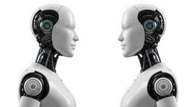 Two futuristic humanoid robots facing each other on a transparent background view