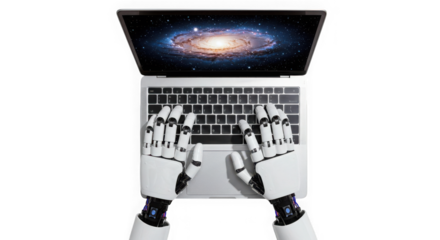 Robot hands typing on laptop with galaxy display against a transparent backdrop