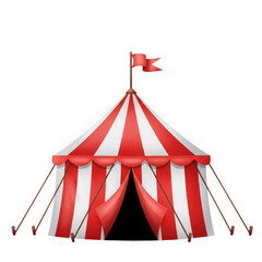 Isolated red and white striped circus tent with flag on a transparent background
