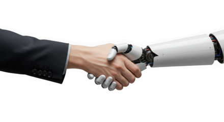 A human hand and a robot hand shaking against a stark transparent background scene