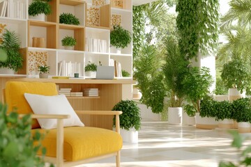 Fototapeta premium Serene Home Office Plants Books Laptop Remote Work Space