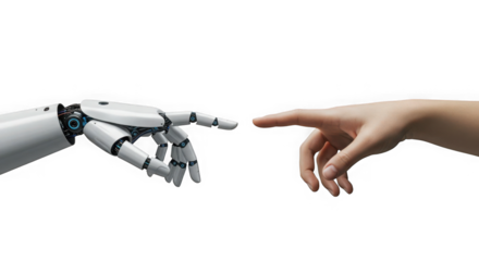 Robot hand and human hand touching fingers on a transparent background close up