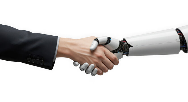 A human hand and a robot hand shaking against a stark transparent background scene